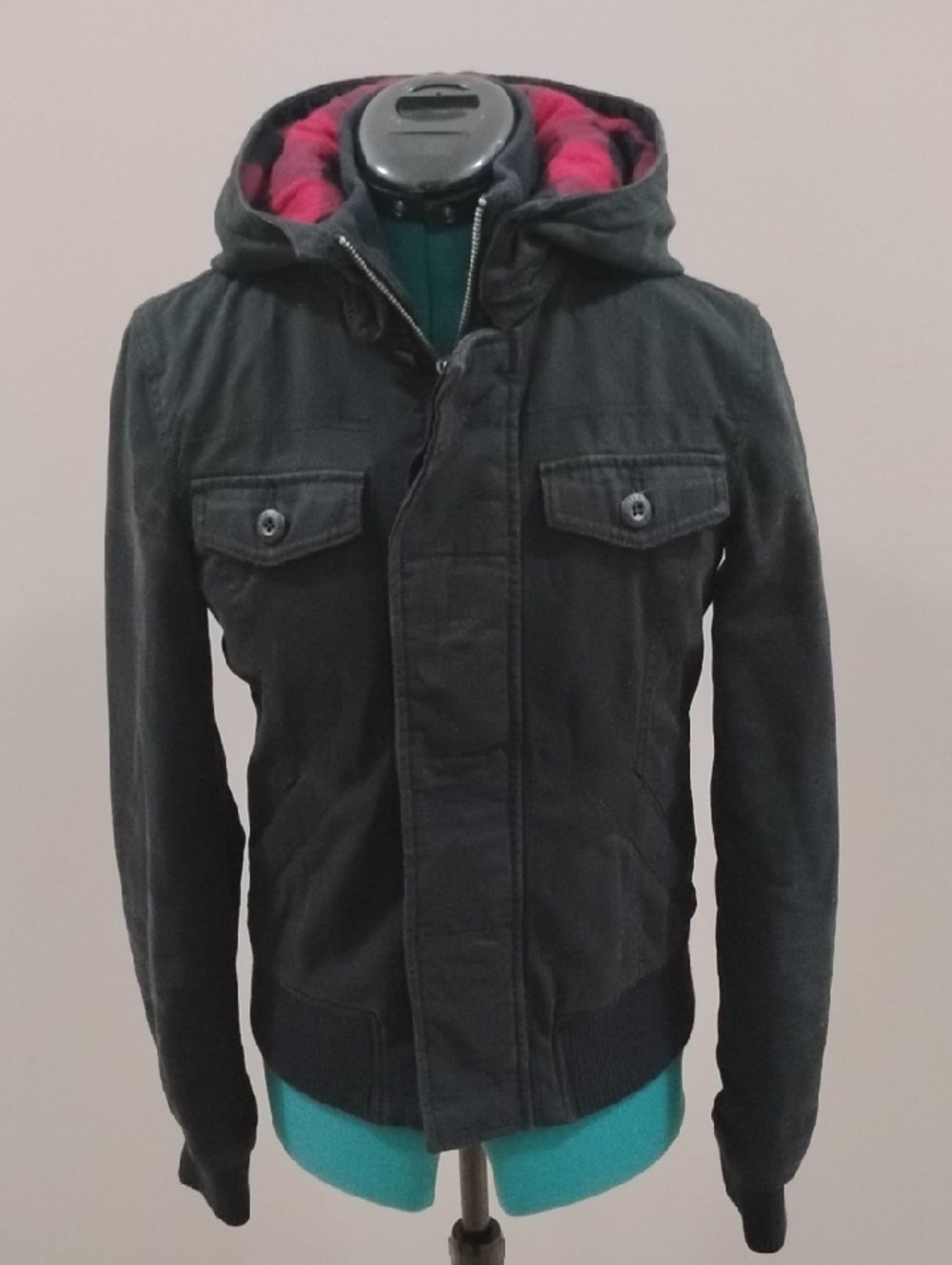 TNA Black Bomber Jacket with Red & Black Flannel Lining